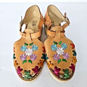 Kids Unbranded Huarache Sandals Embroidered Leather Tan Floral Boho Size 1